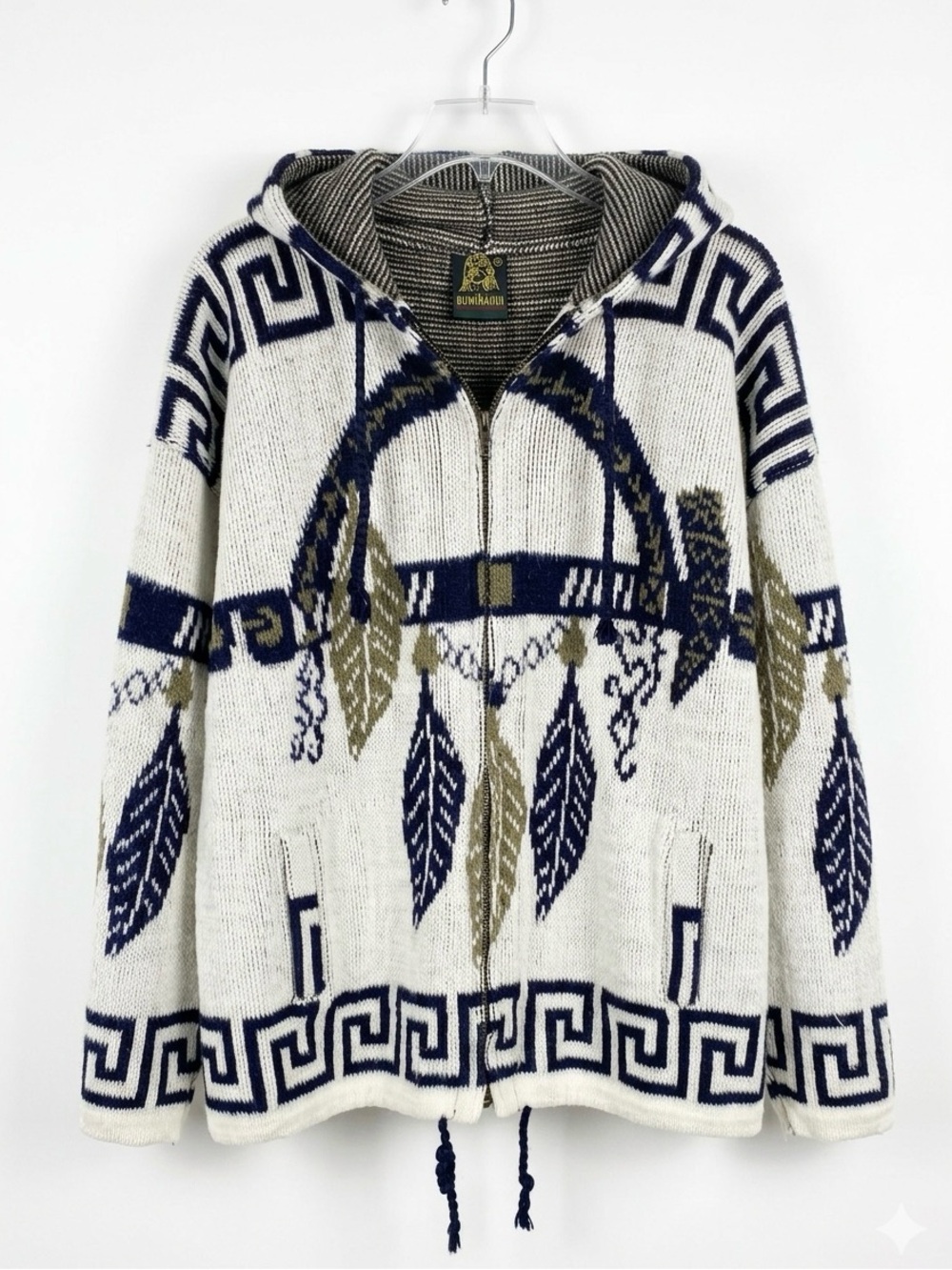 Rumiñahui Ecuador Vintage 100% Wool Dreamcatcher Native Hooded Knit Jacket L/XL